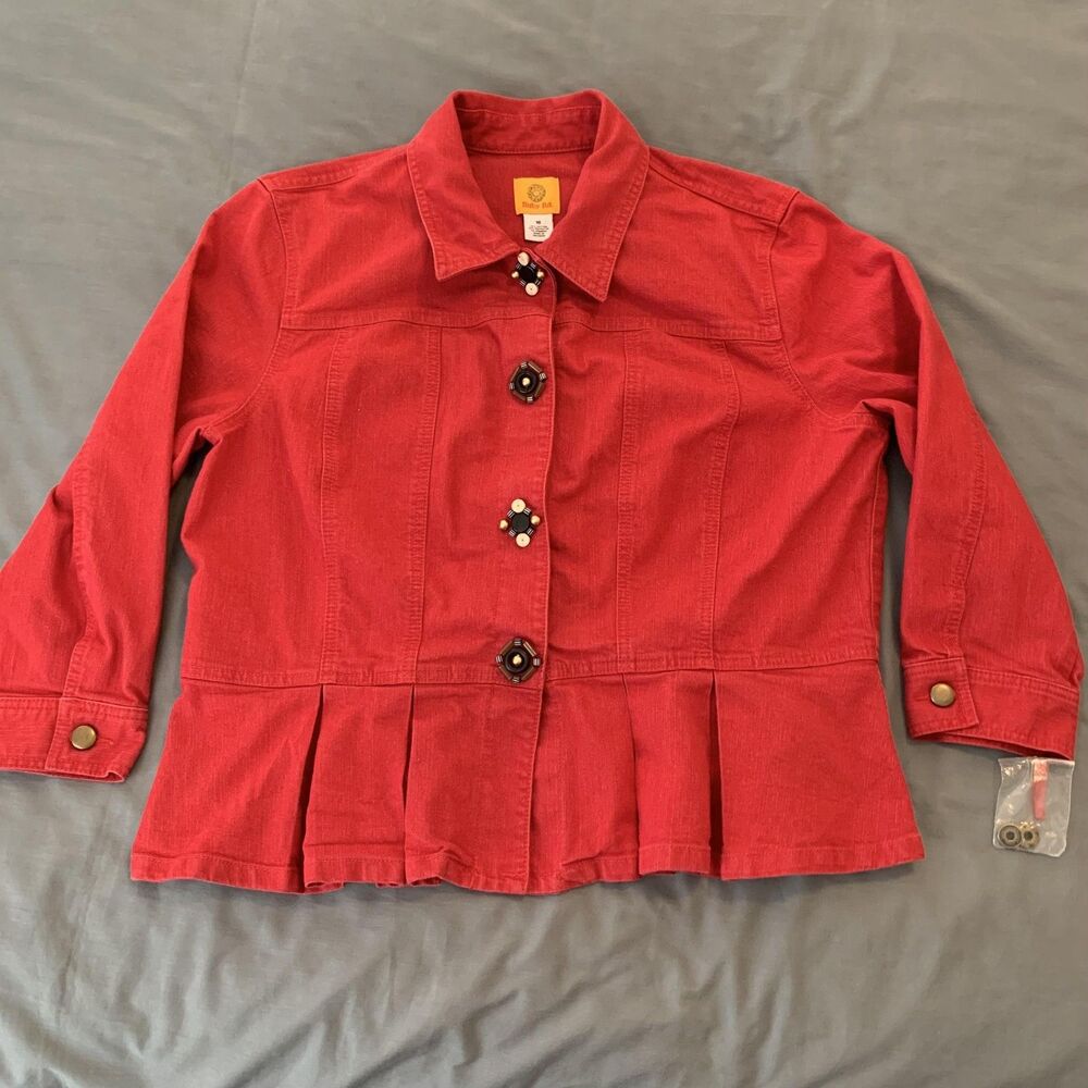 Ruby Rd Jacket Womens 18 Red‎ Pleated Hem Stretch Button Front Beaded Boho Chic